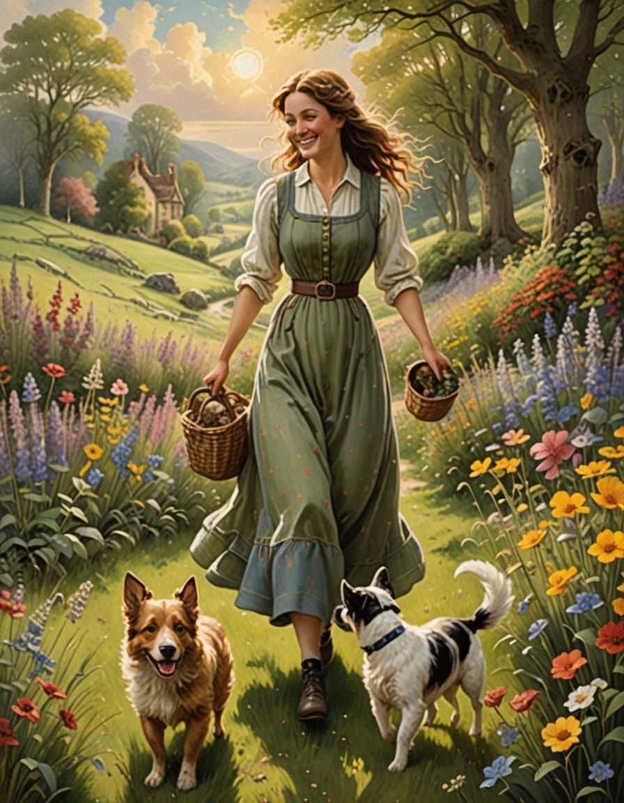 Whimsical Oil Painting of Joyful Moment in Lush Meadow