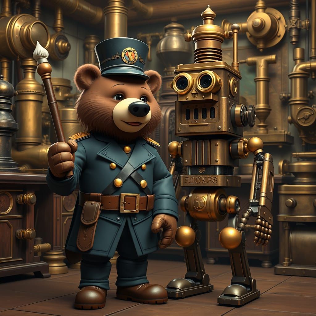 Steampunk Bear Soldier in Claymation Cartoon Style