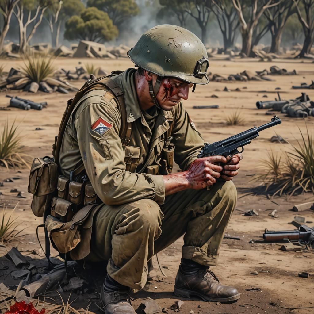 Distraught WWII Soldier on Battlefield: Hyperrealistic Art