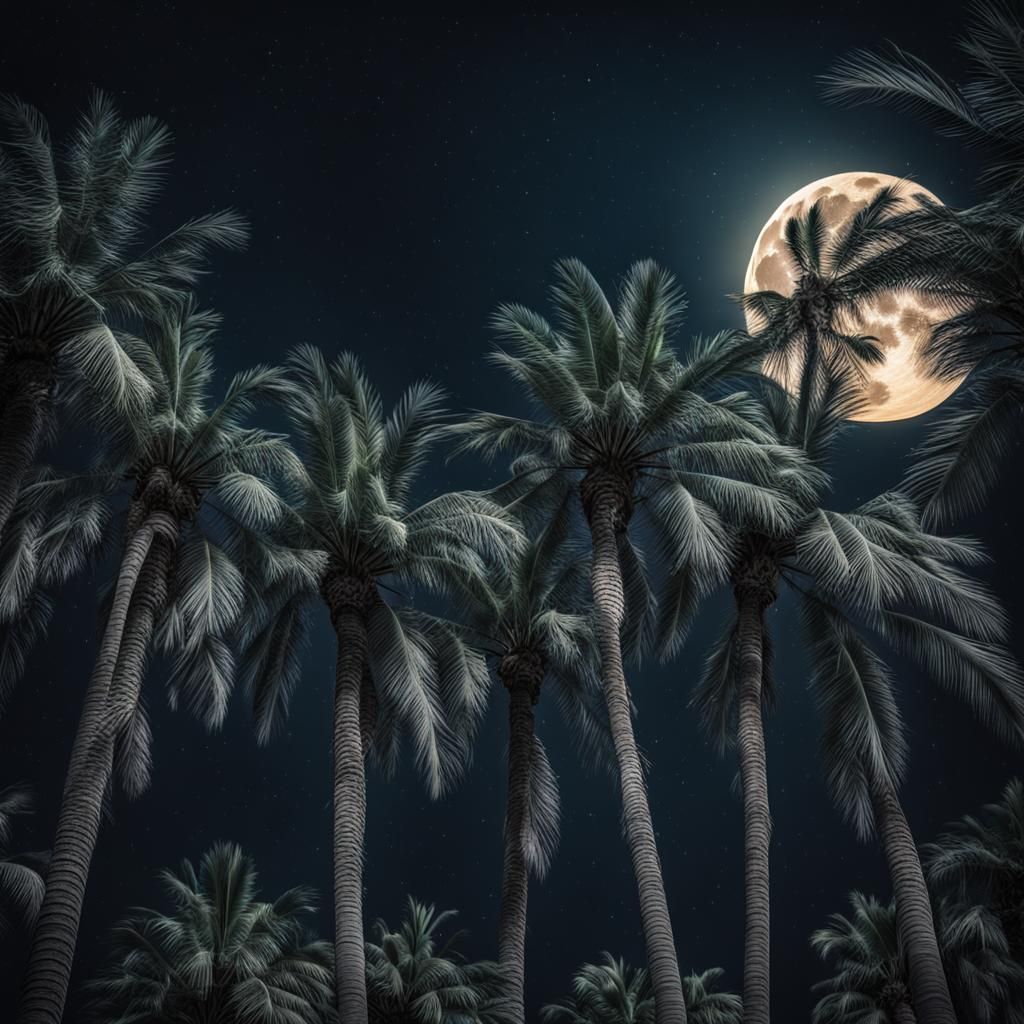 Hyperrealistic Palm Trees Under Starry Full Moon