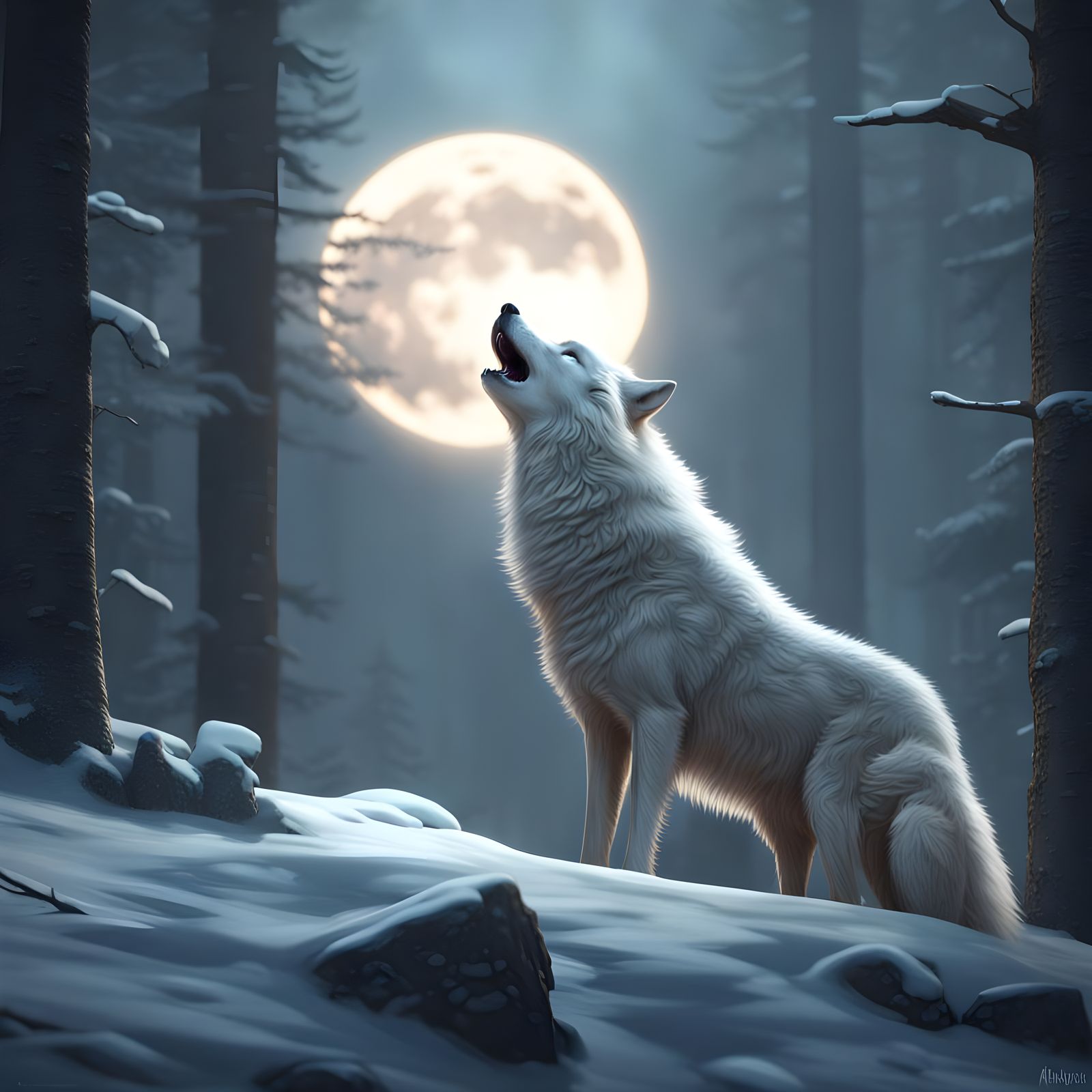 Arctic Wolf Howling: Detailed Fantasy Matte Painting