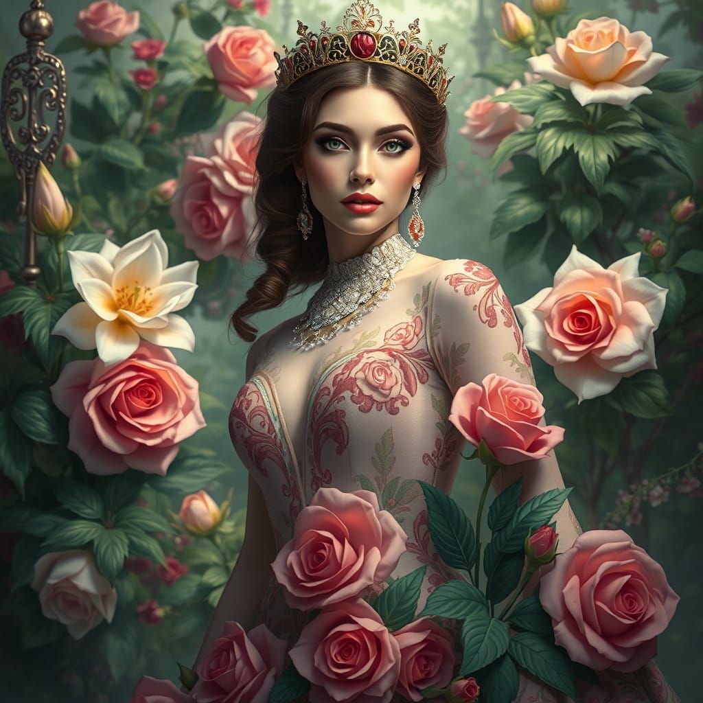 Elegant Rose Woman in Botanical Digital Painting