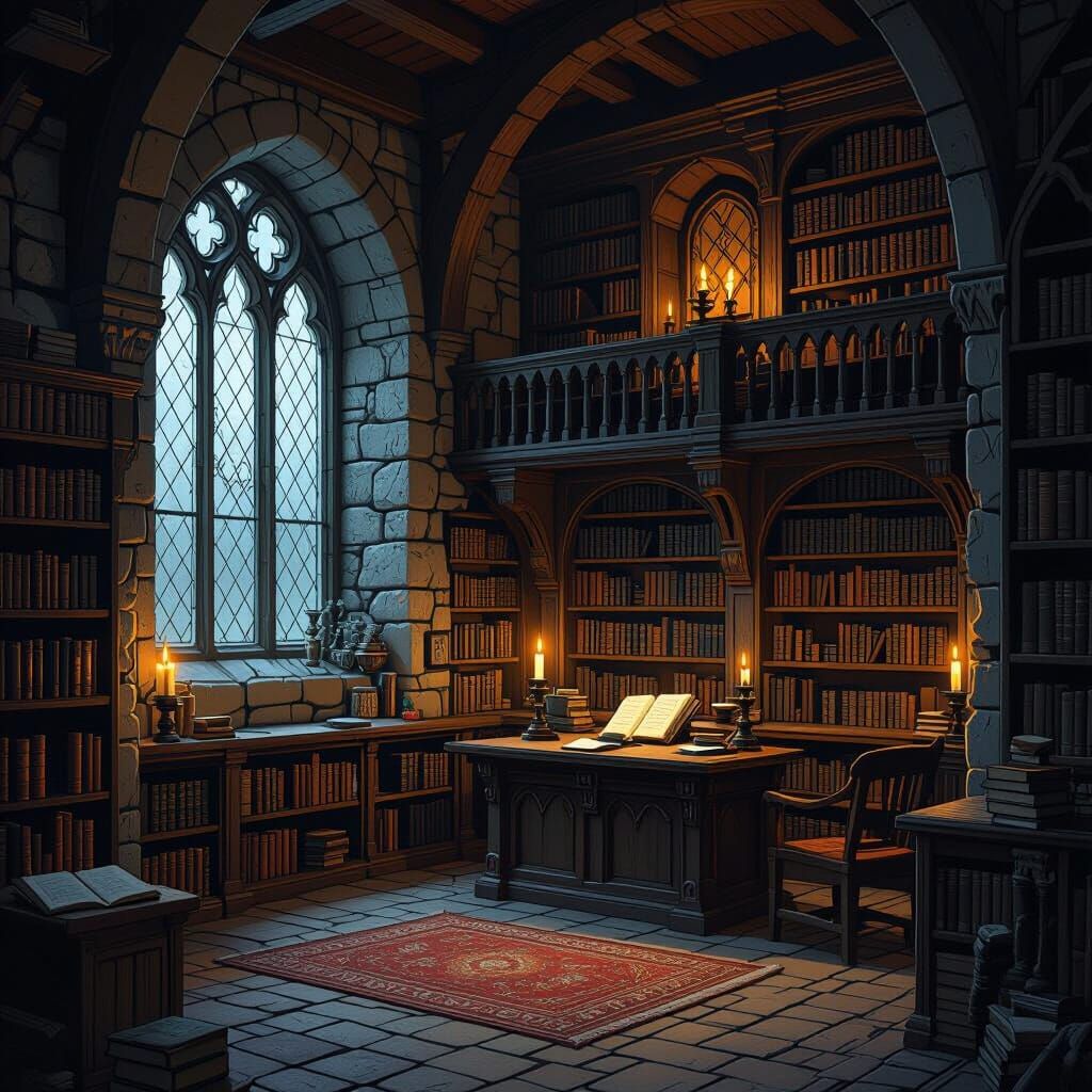 Cozy Medieval Library with Candlelight, Intricate Fantasy Ar...
