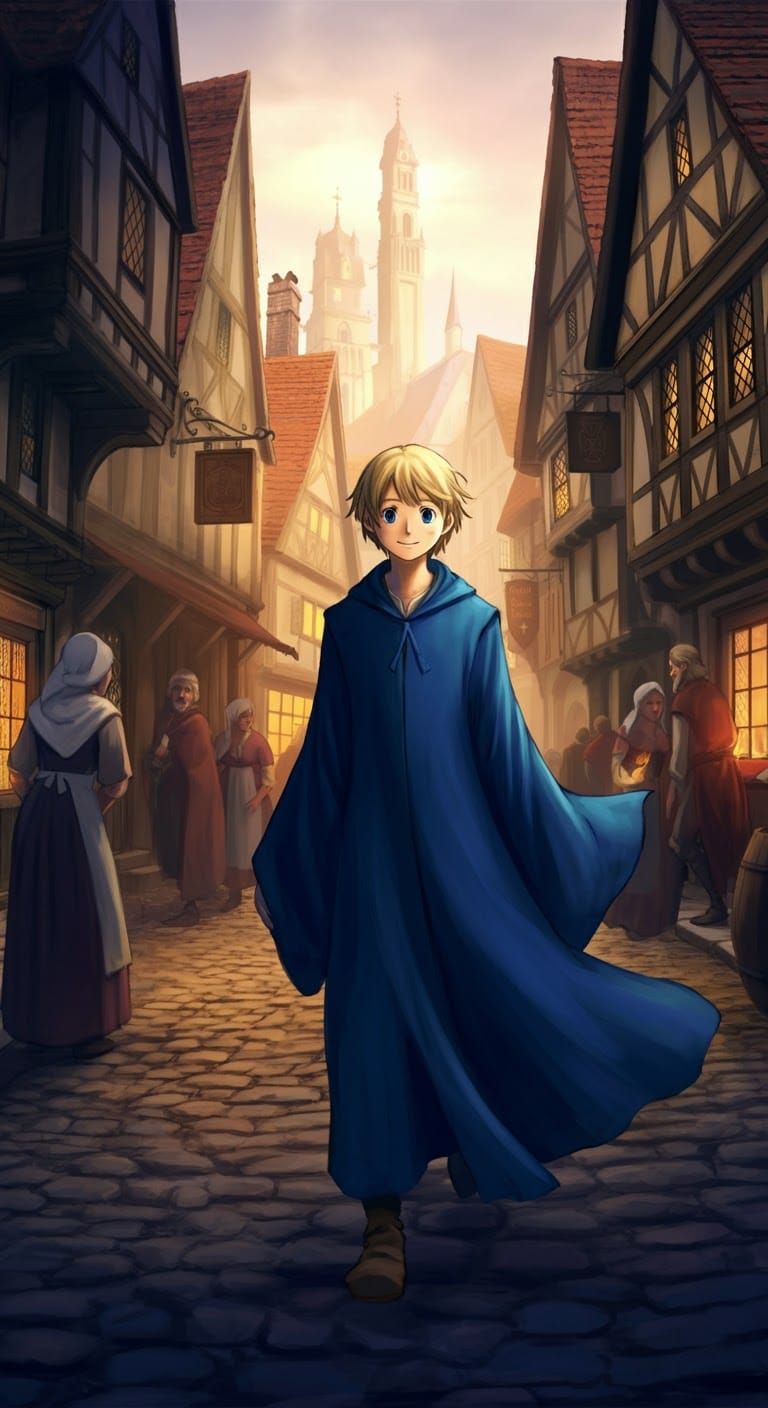 Young Wizard in Bustling Medieval Fantasy Street