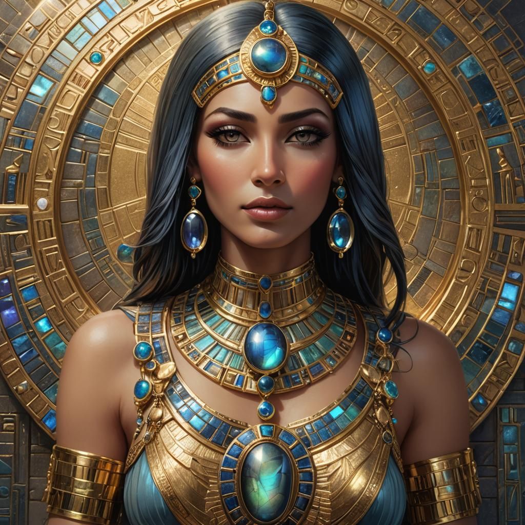 Iridescent Egyptian Goddess Portrait with Scarab Pendant