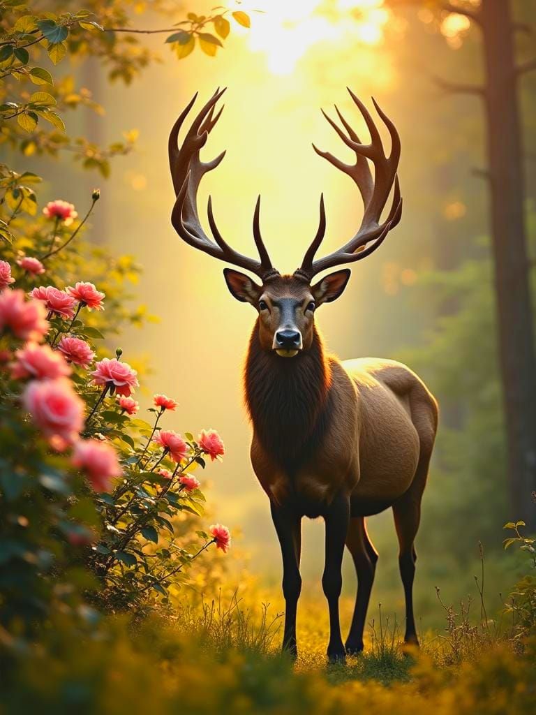 Deer in Forest with Roses: Cinematic Film Still