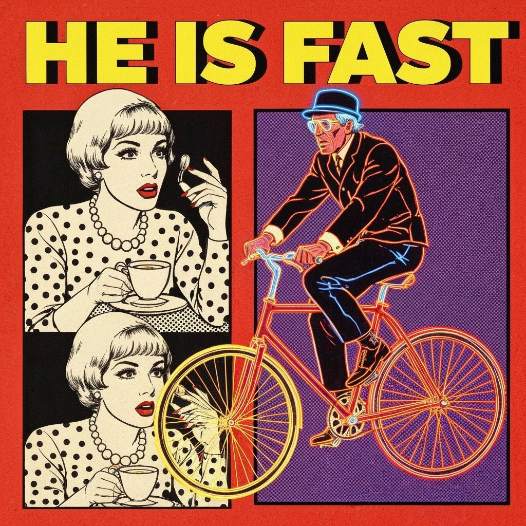 Pop Art Collage: Woman Sips Coffee, Man Rides Penny-Farthing