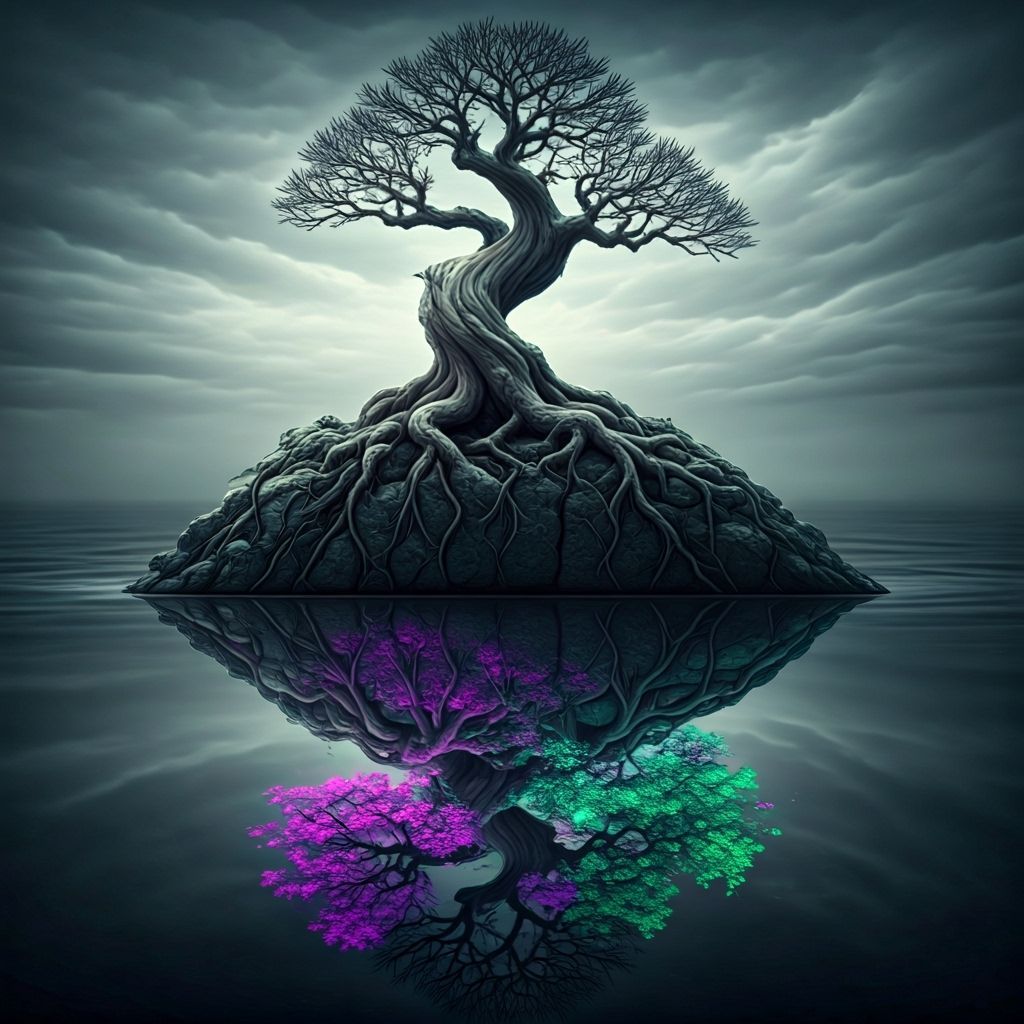 Surreal Digital Art: Barren Bonsai Reflects Luminous Forest