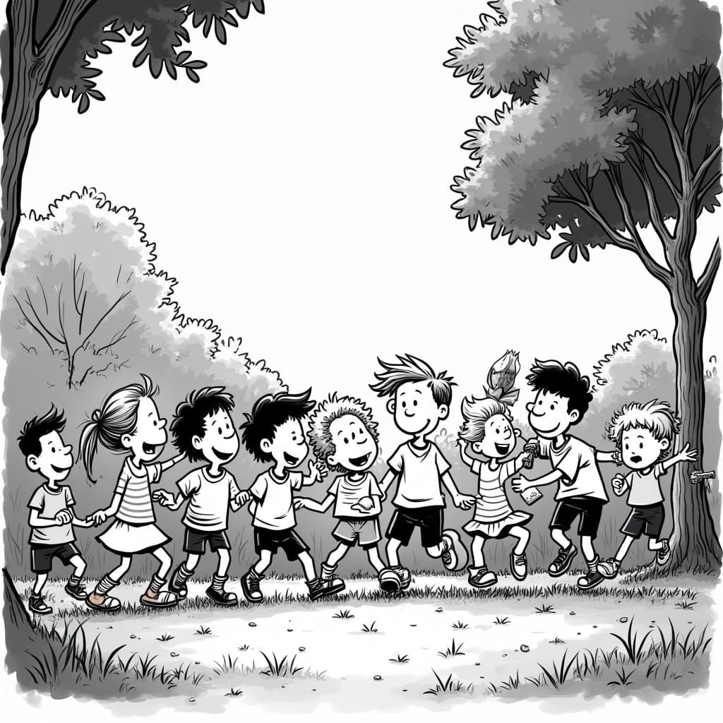 Children at Play in a Vibrant Black and White Park Scene