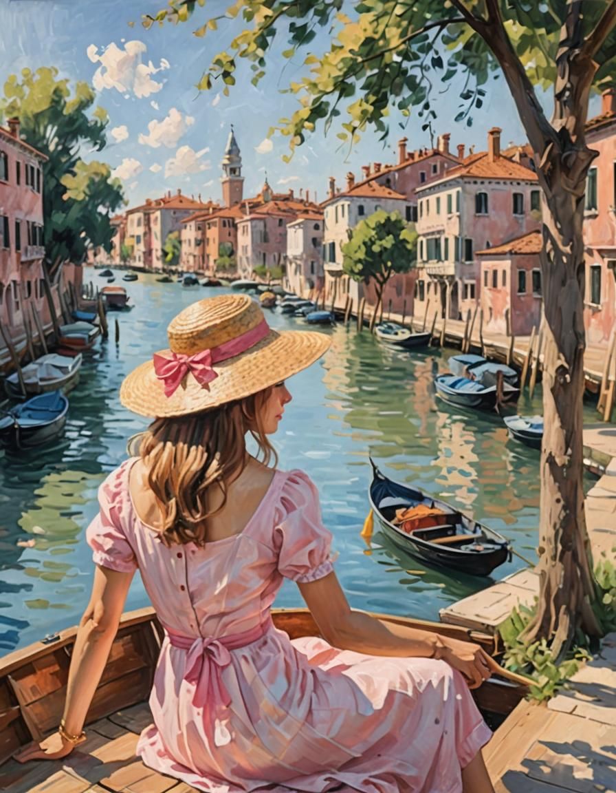 Impressionist Woman on Boat in Sunny Venice