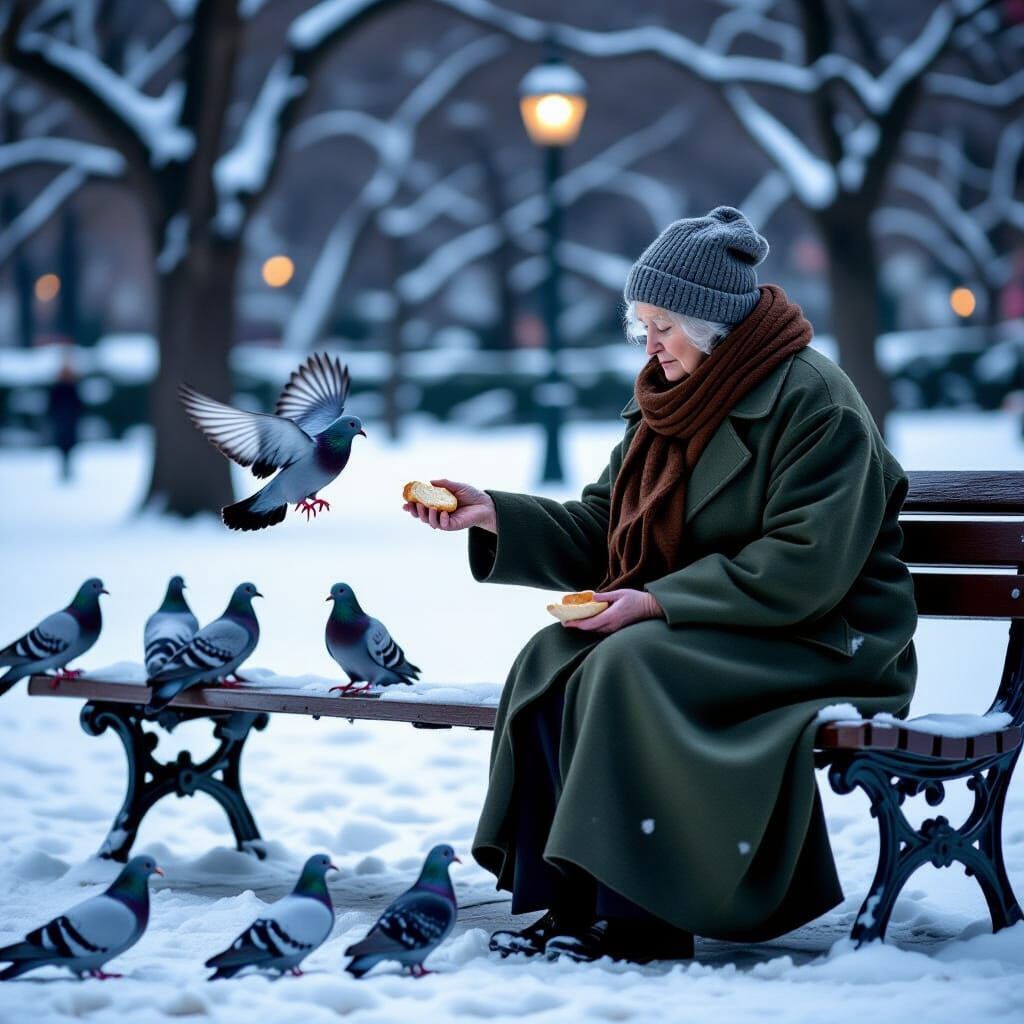 Pigeon Lady's Snowy Ritual in Central Park