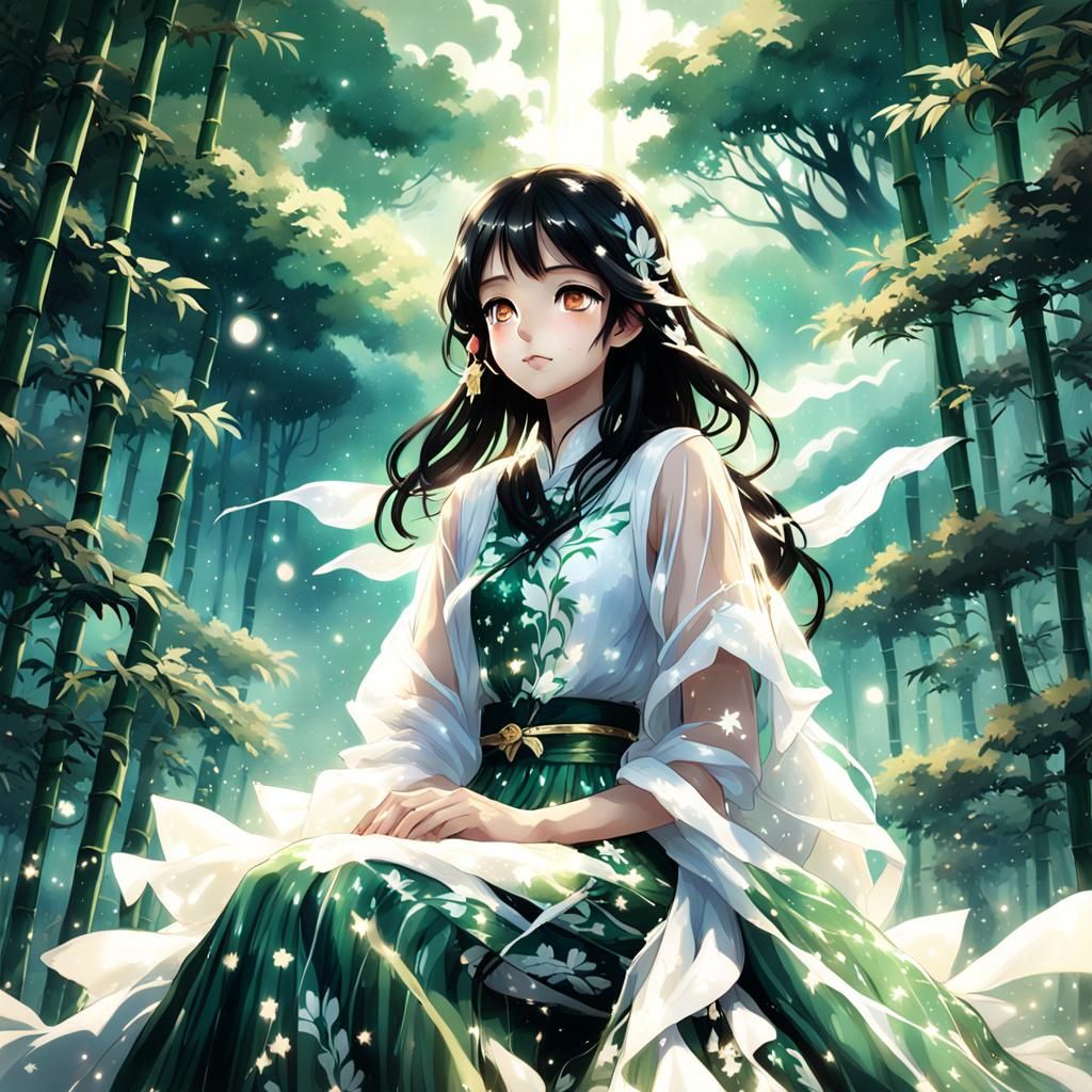 Ethereal Black-Haired Goddess in Anime Style