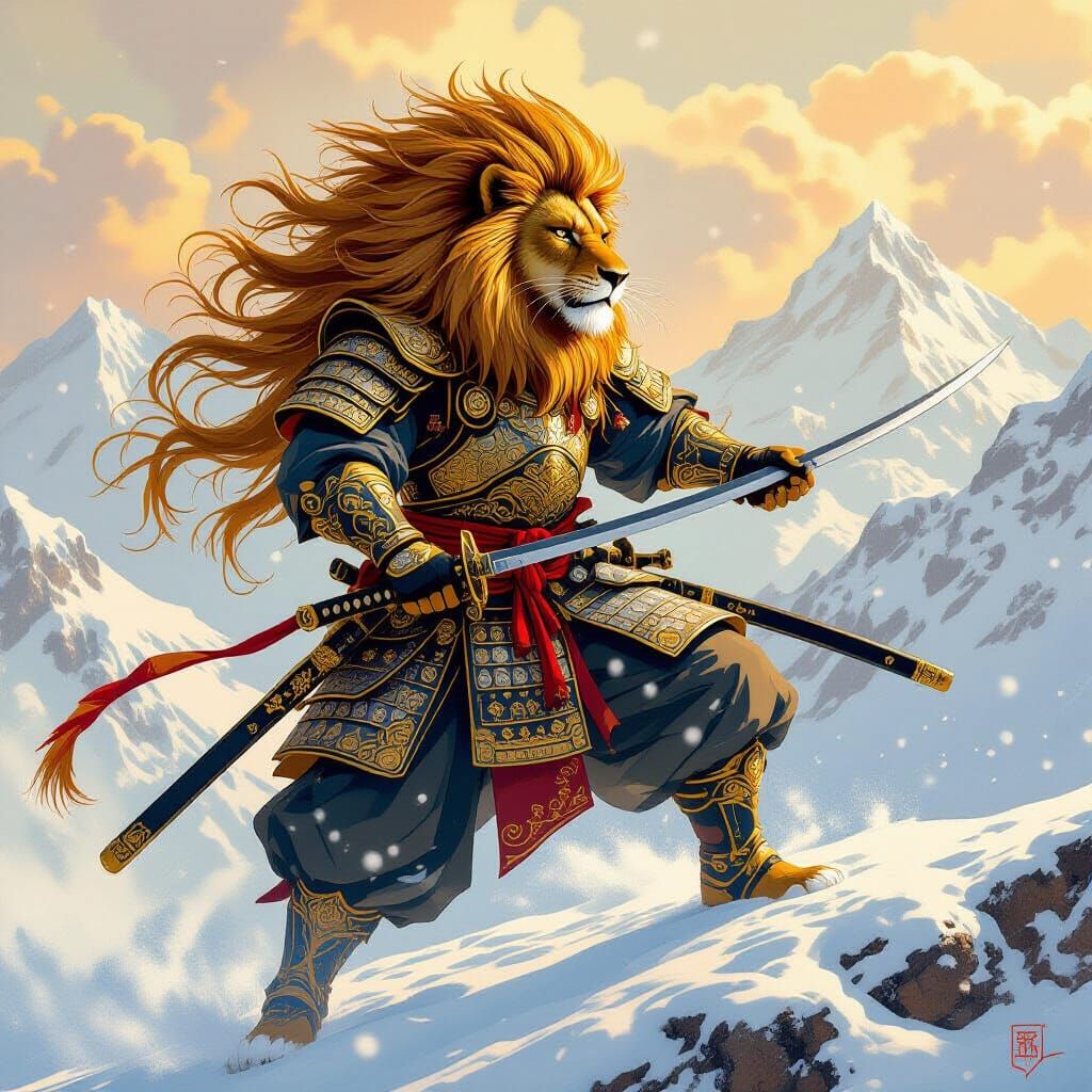 Lion Samurai Warrior in Art Nouveau Style