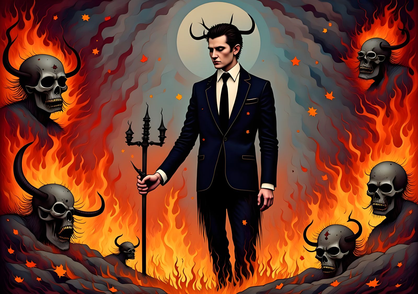 Psychobilly Cartoon Devil in Hellscape