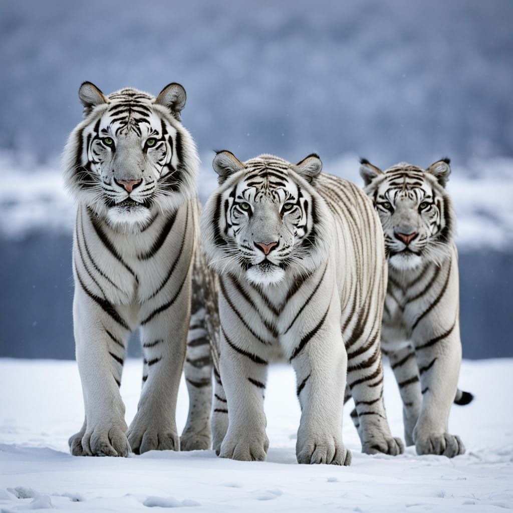 Majestic White Tigers Roam the Snowy Ice Age Landscape