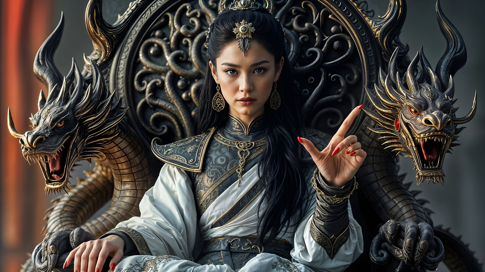 Asian Sorceress on Dragon Throne in Hyperrealistic Style