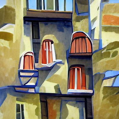 Minimalist Gouache: 2D Buildings with Terraces