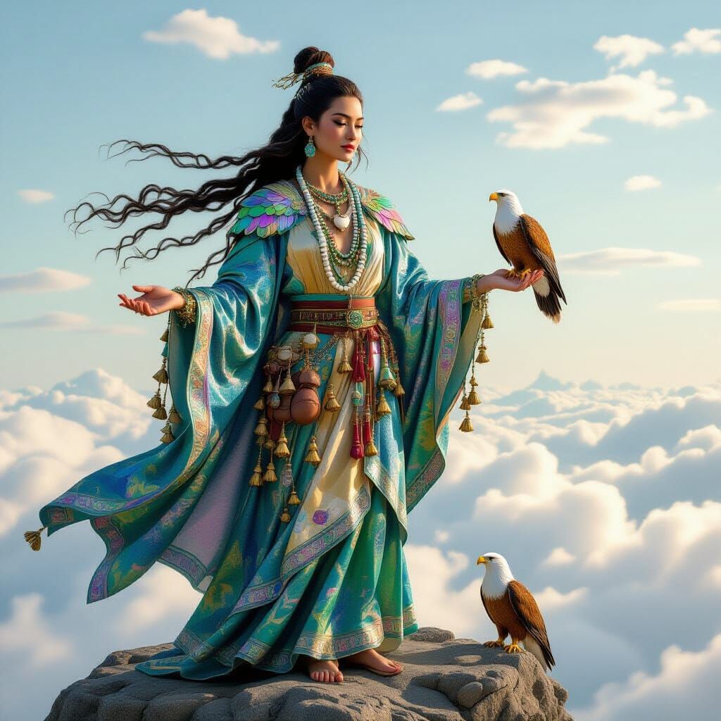 Serene Figure in Iridescent Robes with Eagle Companion
