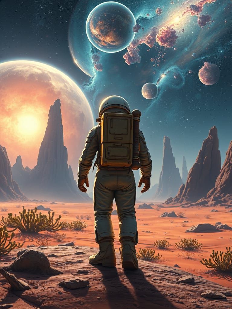 Astronaut on Alien Planet Gazing at Nebula