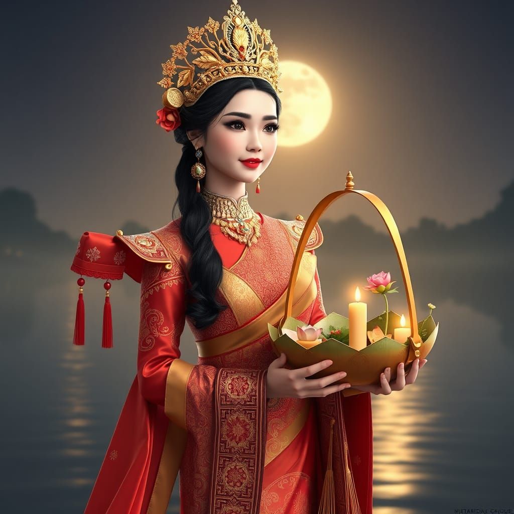Thai Queen with Krathong in 3D Anime Art