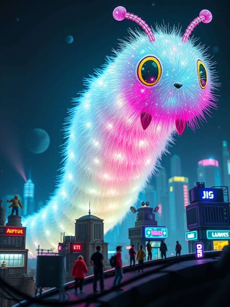 Giant Chibi Caterpillar Over Neon Cityscape