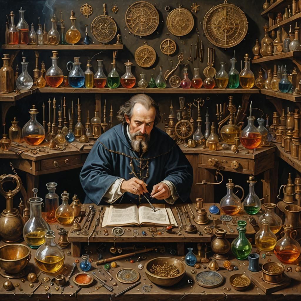 Alchemist at Work: An Oil Painting of Medieval Instruments