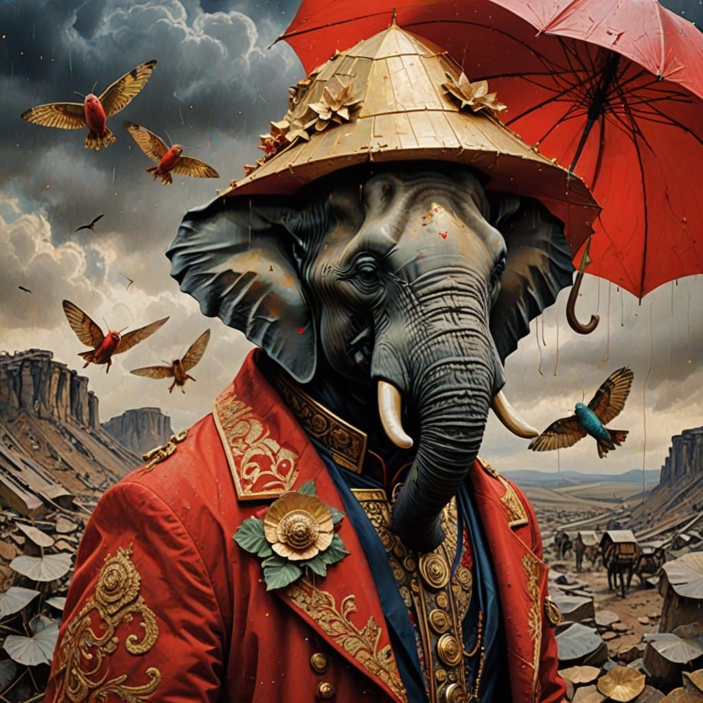 Elephant on High Wire Holds Umbrella in Surreal Collage