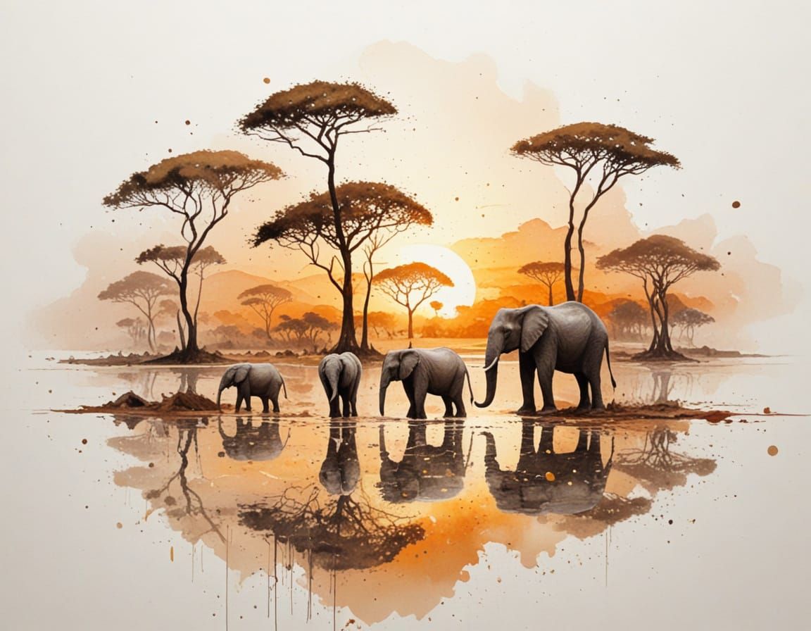African Sunset Reflection: Elephants Drink at Watering Hole