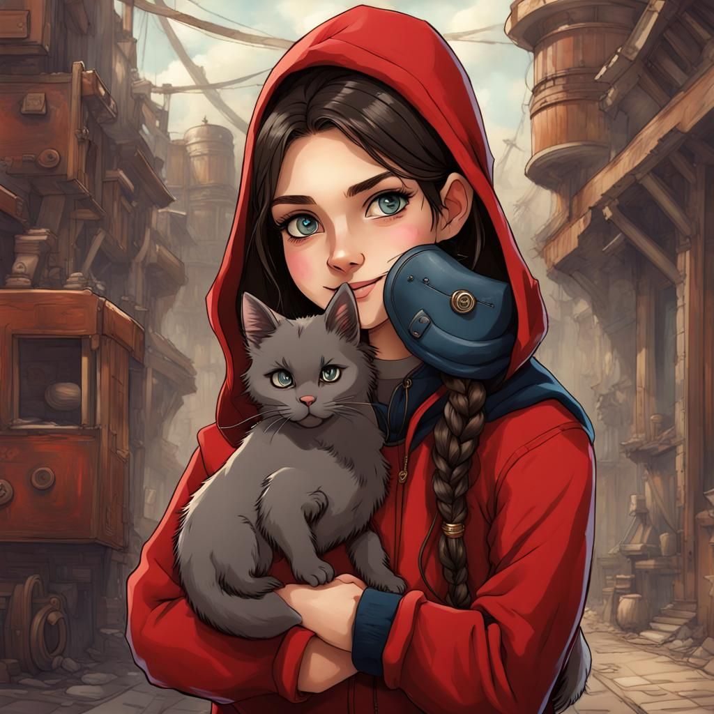 Joyful Girl with Kitty and Steampunk Engine