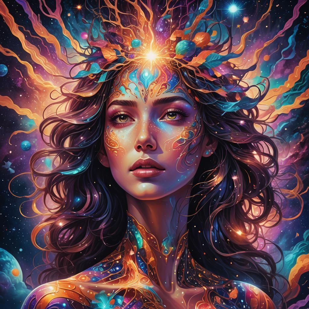 Cosmic Woman with Faces: Surreal Digital Art