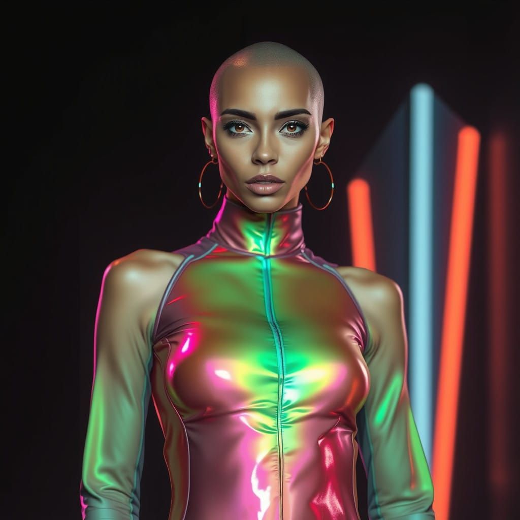 Bald Woman Wears Iridescent Amoeba Suit in Cyberpunk Hues
