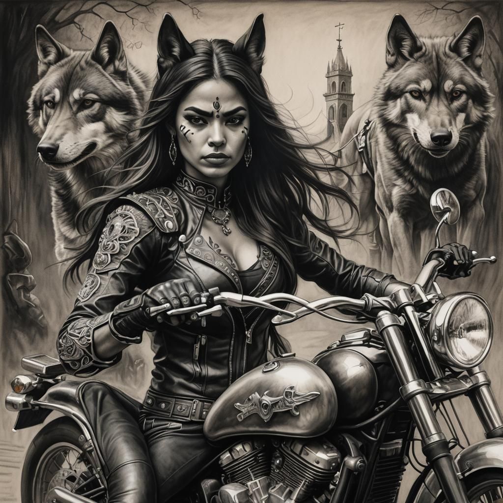 Gothic Woman Rides Motorcycle Surrounded by Wolves