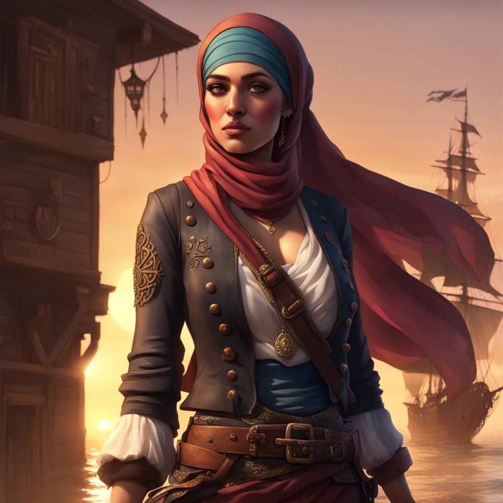 Intricately Detailed Hijabi Pirate at Dawn