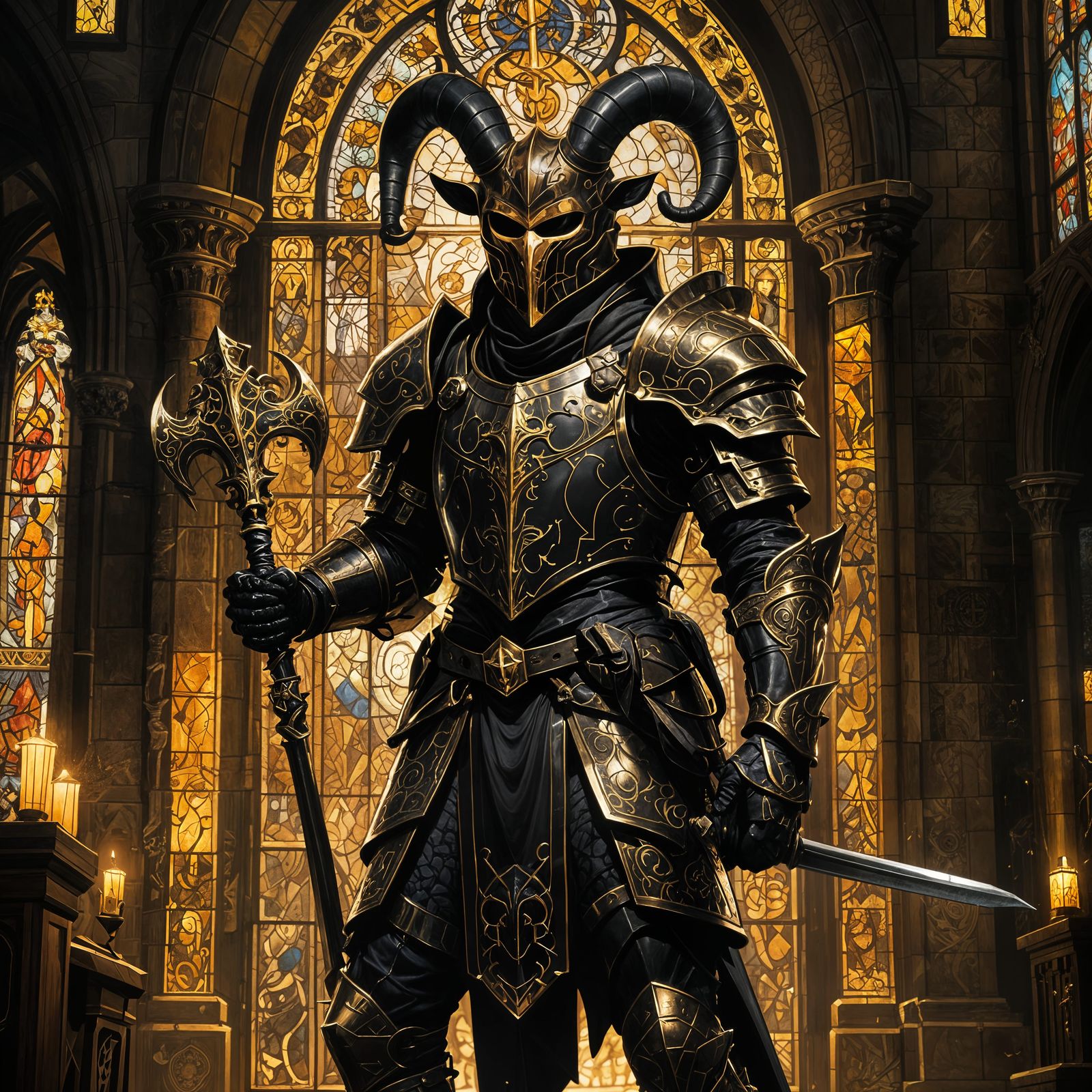 Masked Tiefling Knight in Church: Dark Fantasy Art