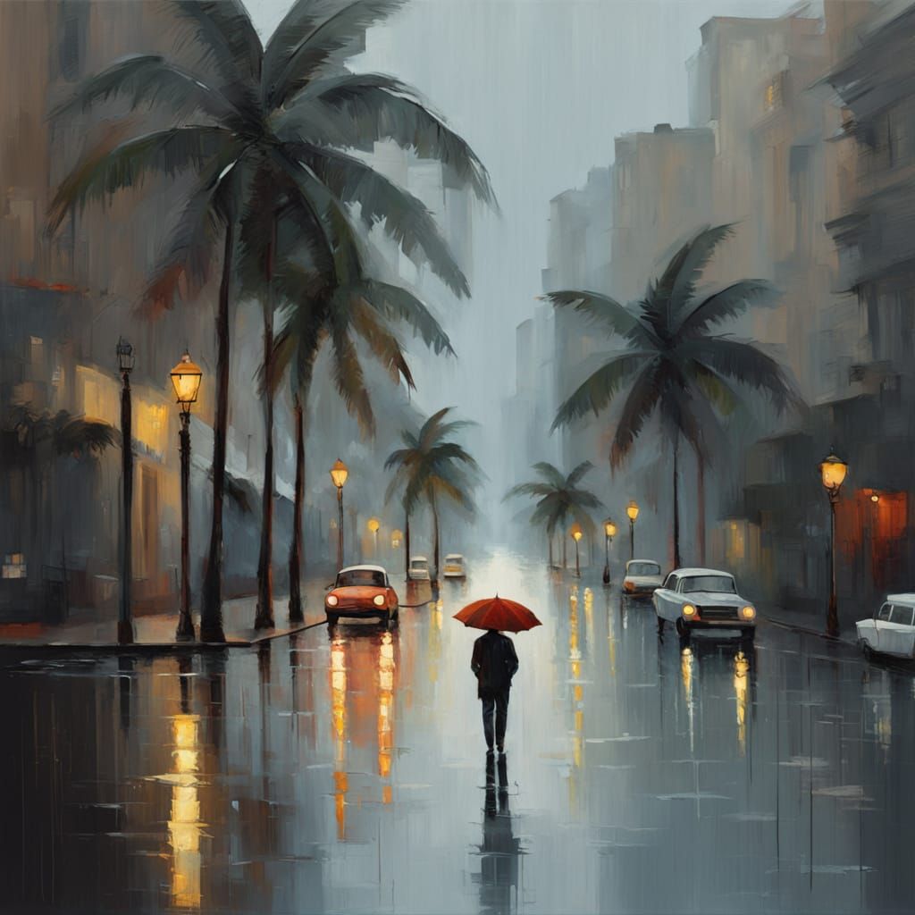 Couple's Romantic Rainy City Stroll Oil Painting