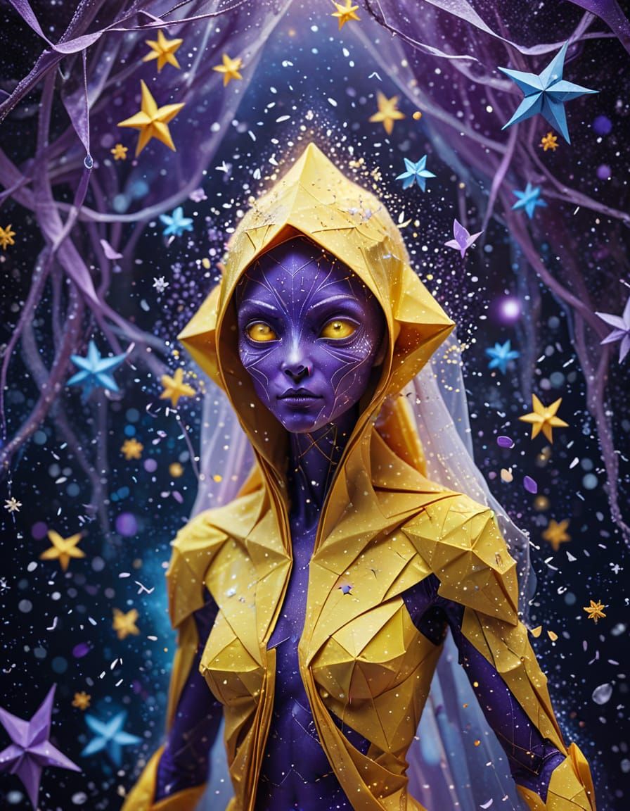 Surreal Alien Walks Through Origami Star Snowfall