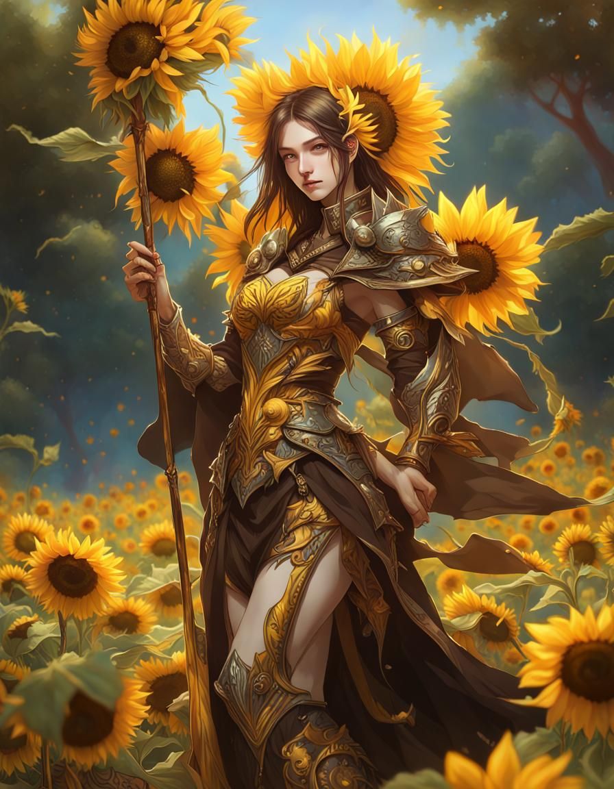 young woman nature sorceress, warrior of sunflower magic, fantasy, epic armor, majestic staff, sorceress