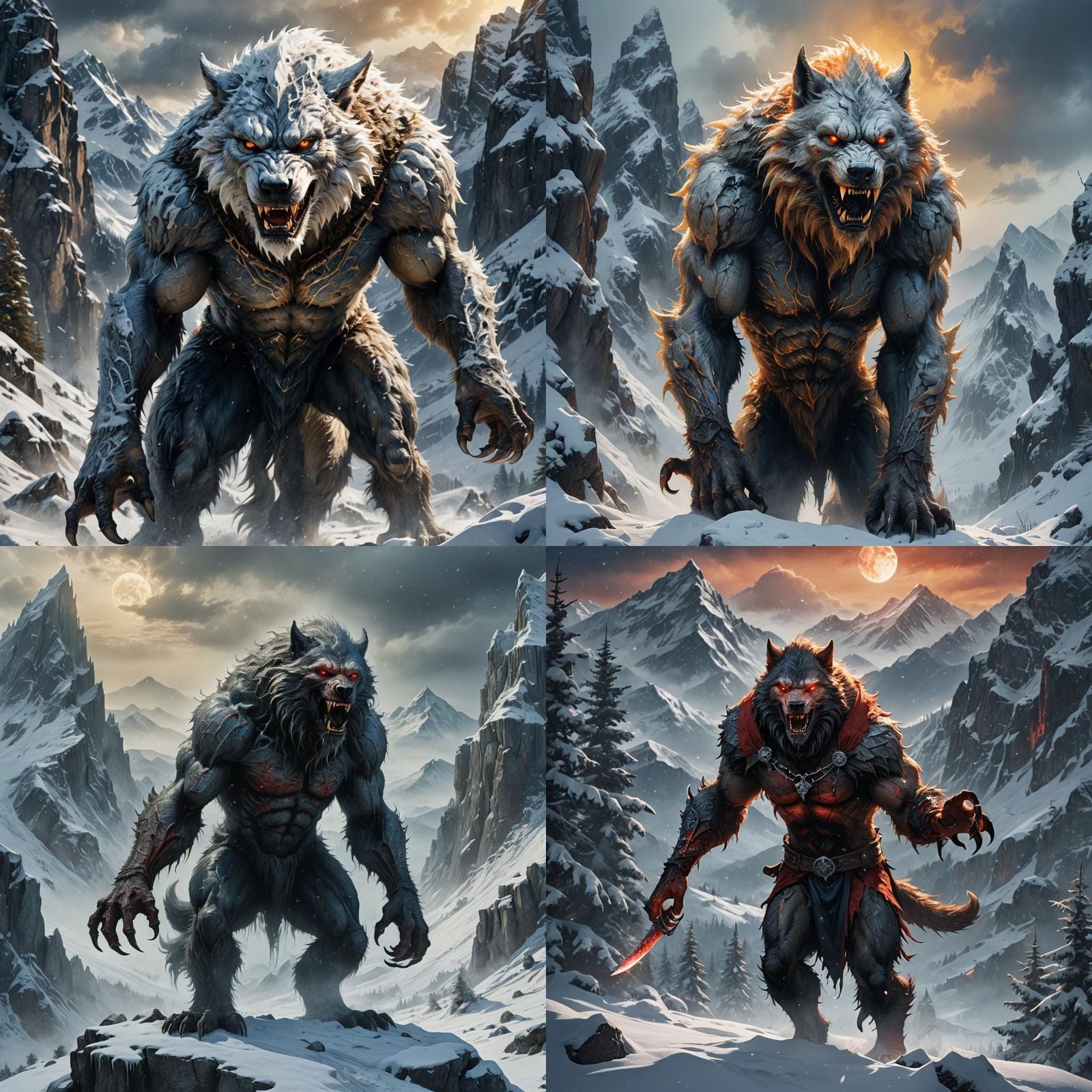 Whiteout Werewolf in Snowy Mountains: Detailed Matte Paintin...