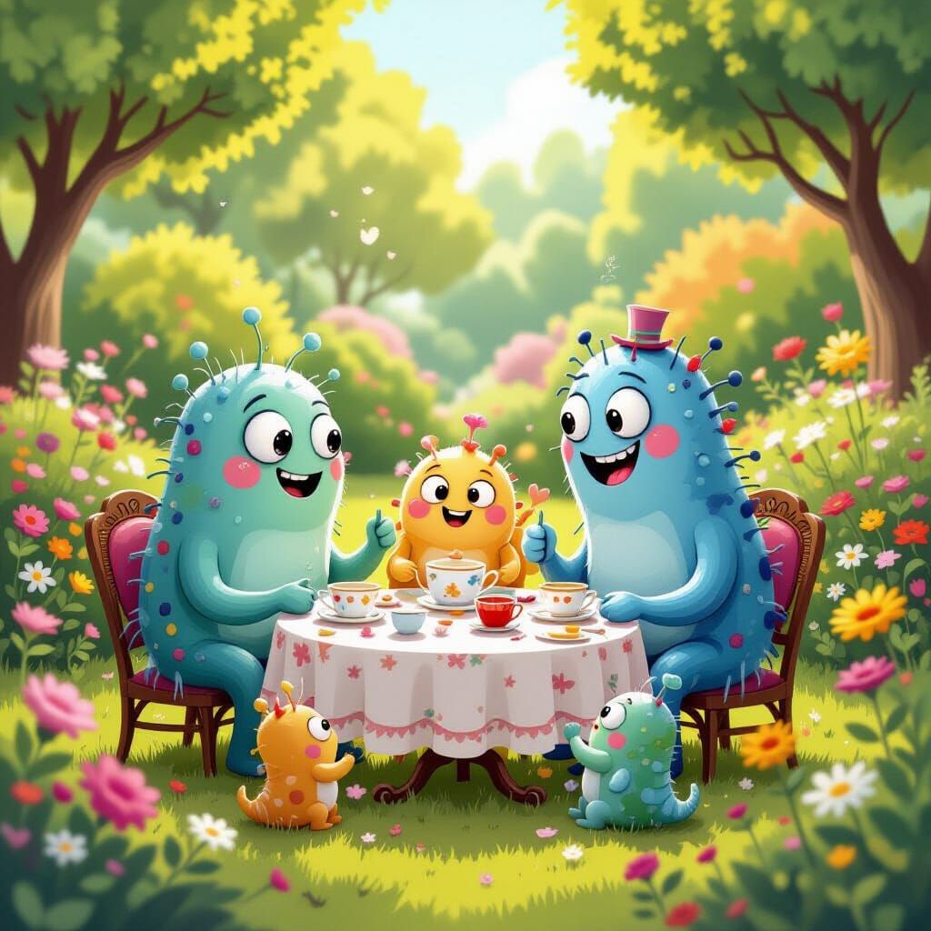 Whimsical Microbe Family Tea Party in Garden