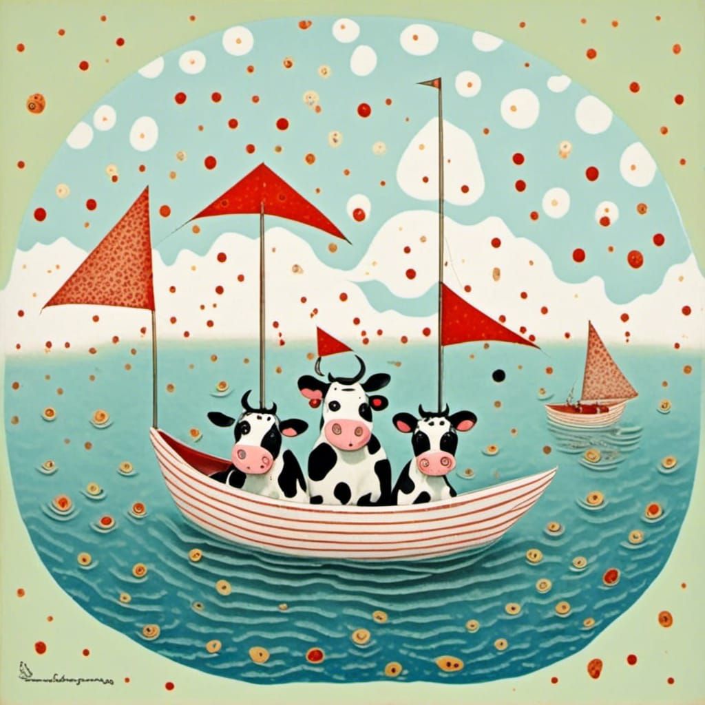 Cows on a Sailboat in Pointillist Style