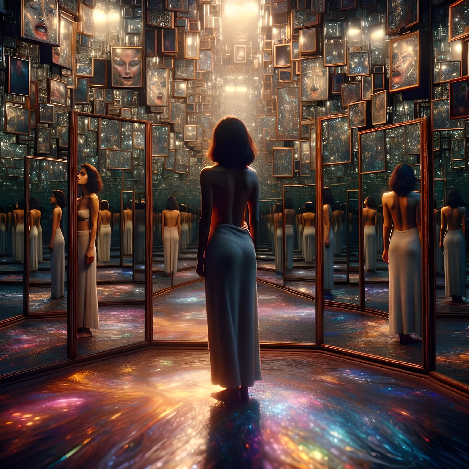 Woman Contemplates Fractal Reflections in Antique Mirror Roo...