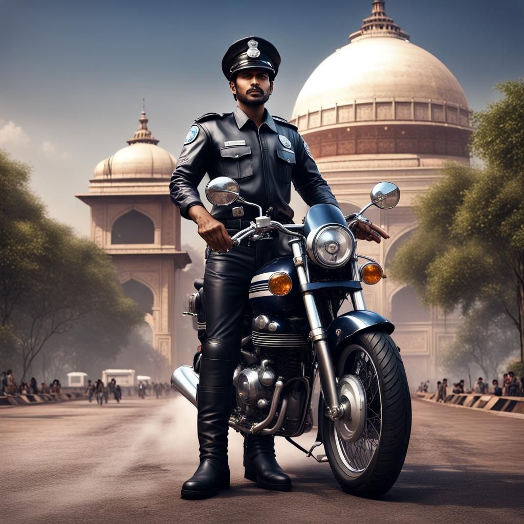 Indian Police Officer on Patrol in Delhi