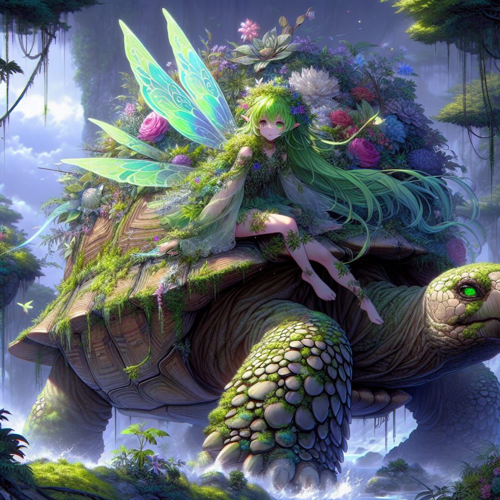 Anime Fairy Rides Giant Mossy Tortoise in Fantasy Garden