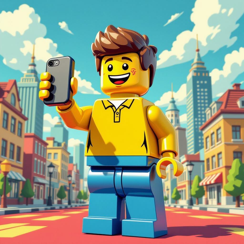 Lego Man Selfie in Vibrant Cityscape