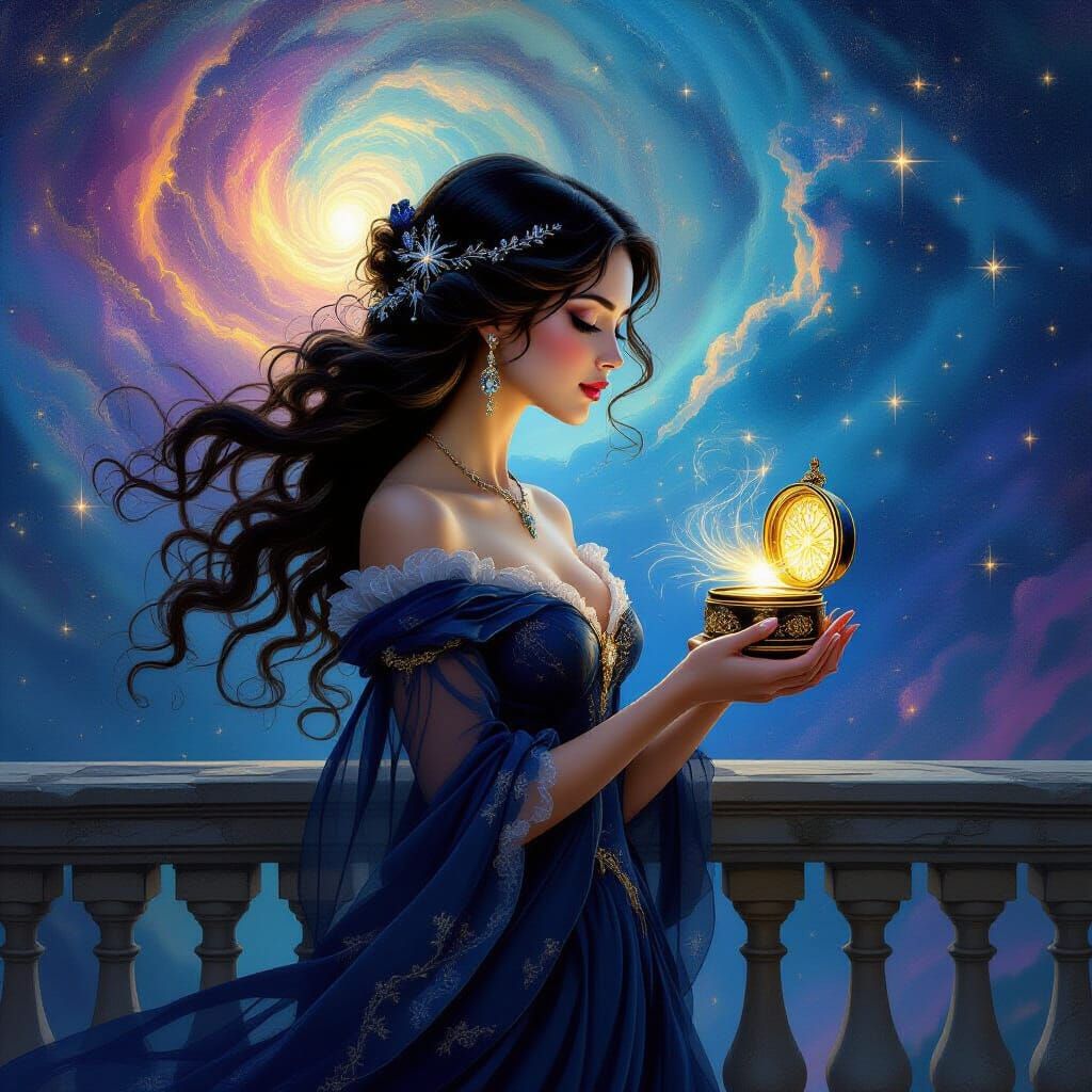 Victorian Woman Gazing at Nebula with Music Box