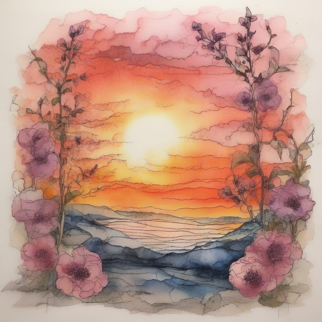 Whimsical Sunset Bloom in Organic Ink Style