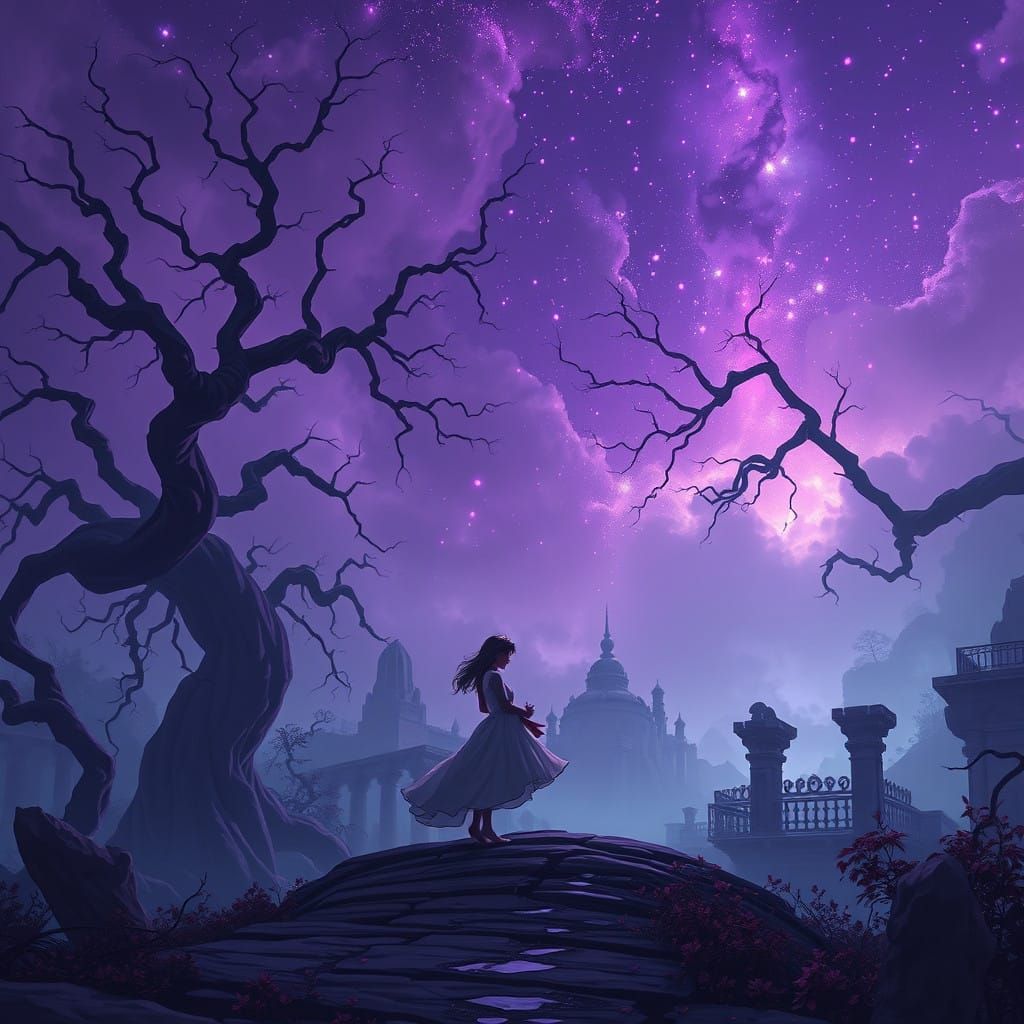 Couple Lost in Dreamlike Romance Beneath Ethereal Purple Sky