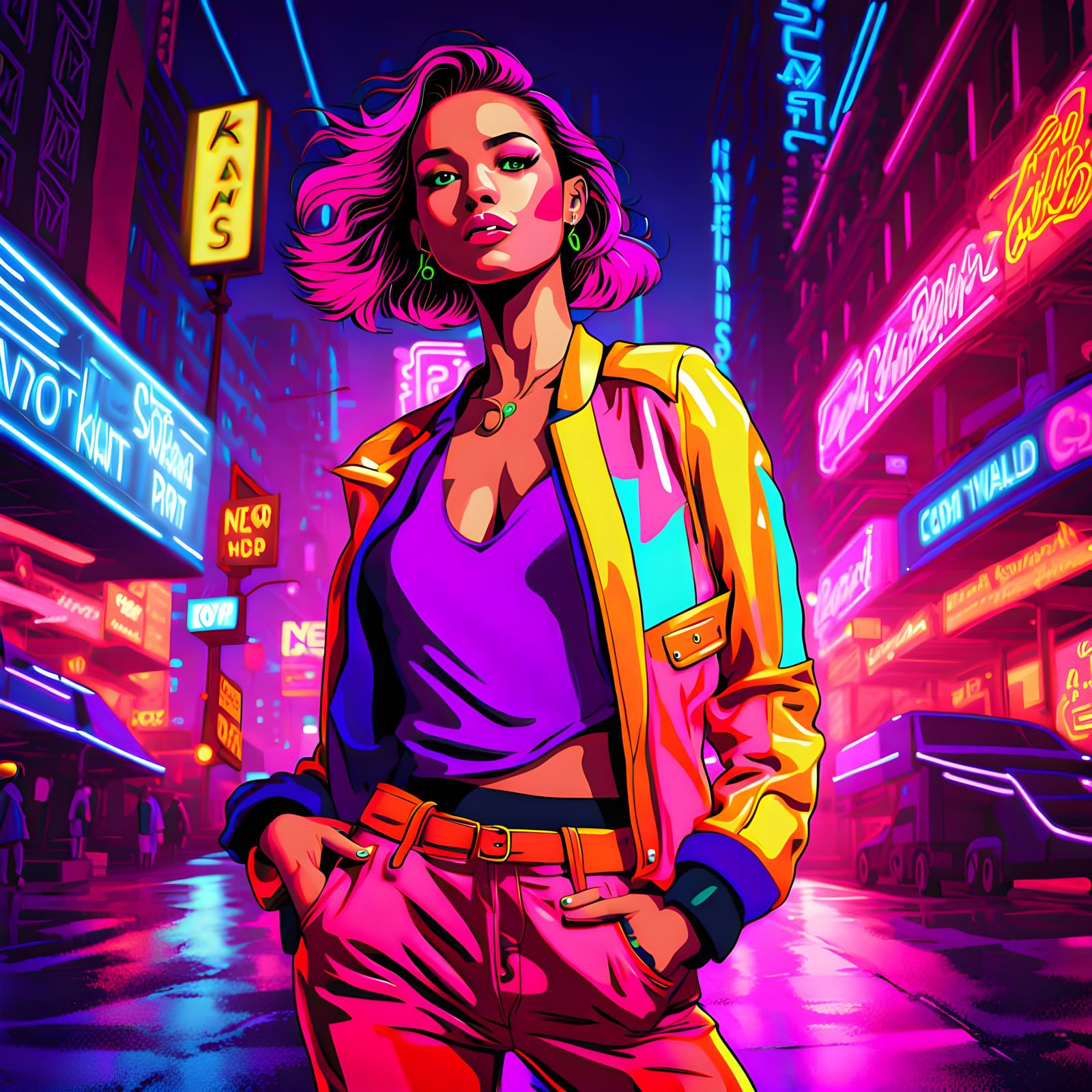 Vibrant City Night in Neon Style