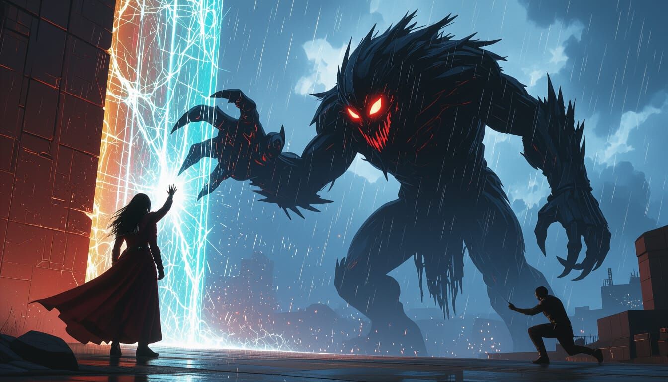 Shadow Creatures Attack Barrier in Fantasy Film Still