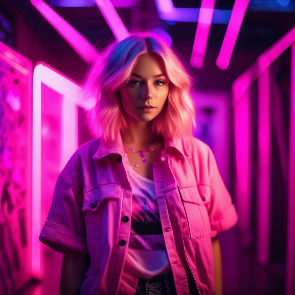 Stylish Girl Poses with Pink and Purple Lights